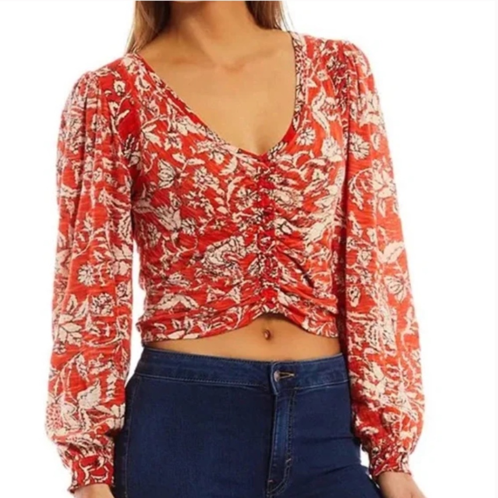 NWT FREE PEOPLE Say The Word Top / Ruby Red Combo Ruched Extra Small XS